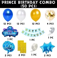 Prince Decoration Theme :- 5 pcs Prince theme combo set |1 Happy Birthday Banner |2 Golden Curtains | 36 Metallic balloons +4 confetti | 1 glue dot | 1 arch Best combo for your Prince-thumb1