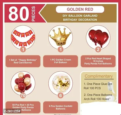 Happy Birthday Decoration Cpmbo Set Items/ Red Color Happy Birthday Banner With 1 golden Crown with 2 Heart Red in colour With 50 red and 20 Golden Latex Mettalic Balloons / 6 confetti balloons with arch and glue dot For Decoration-thumb2