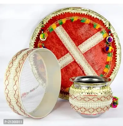 Colour - Multicolour | Material- Steel, Fabric, Beads, Laces  Decorative items. Package Includes: 1 Combo of Designer Handmade Karva Chauth Pooja set(Thali, Kalsh Channi) Perfect gift for Karwa Chaut