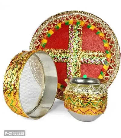 Karwachauth Pooja Thali Set chalni with Kalsh Decorated Thali Set Diwali Pooja Thali Designer Thali Set