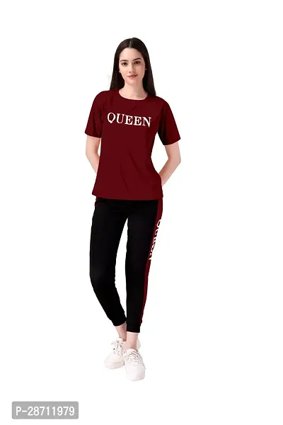 Stylish Maroon Cotton Blend Short Sleeve Top With Bottom For Women