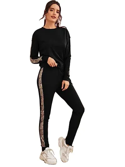 Womens Snake Skin Digitally Printed Side Taped Track Suit, T-Shirt and Legging Outfit Set