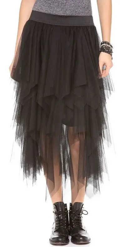 Stylish Ruffle Black Net Midi Skirt For Women