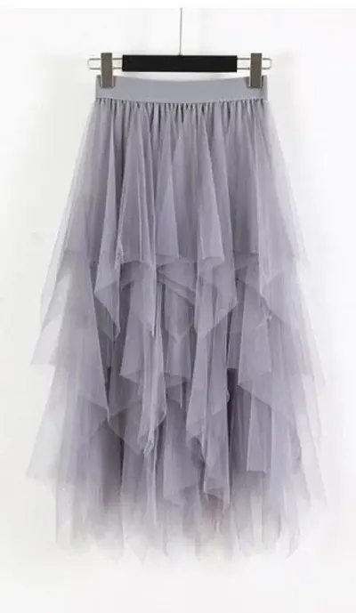 Fancy Zig Zag Pattern Net Ruffle Skirt For Women - Grey
