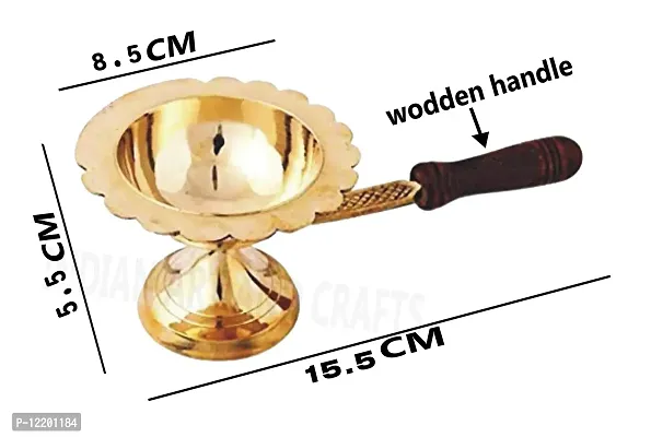 Indian Art & Crafts Pure Brass Dhoop Dani With Wooden Handle | Dhup Dani | Incense Dhup Burner for Diwali Laxmi Poojan Aarti Diya Mandir Pooja Spritual Item, Diwali Gift Item-thumb2