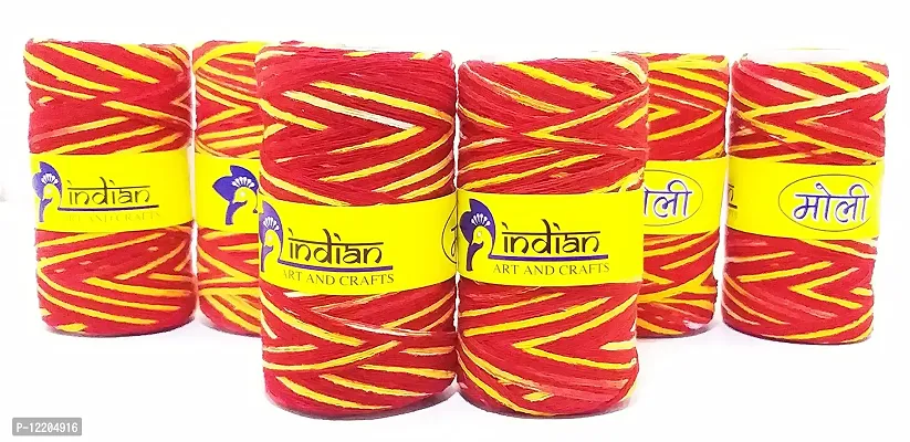 indian art & crafts | PoojaKalawa || Moli Sacred Cotton Thread || ShudhDhaga (Mauli Roll Use in Pooja Pack of 6, Red-thumb0
