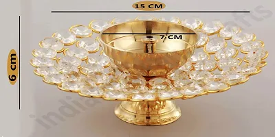 Indian Art & Crafts Small Crystal Akhand Diya Brass Oil Puja Lamp for Home Office Gifts Pooja Articles Decor (Golden, 15 X 6) cm-thumb1