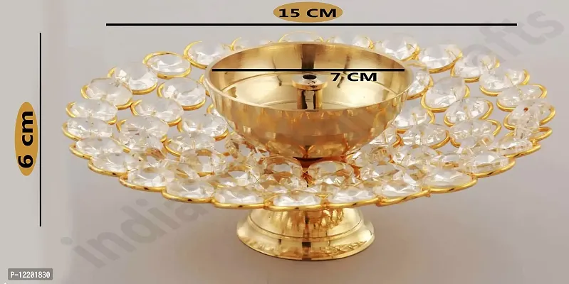 Indian Crafts Brass Puja Diya Crystal Akhand Dia, Brass Pooja/Puja Oil Lamp Crystal Diya for Home Tample/Mandir puja Decoration & Gifts (15 X 6) cm-thumb2