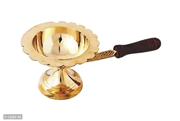 Indian Art & Crafts Pure Brass Dhoop Dani With Wooden Handle | Dhup Dani | Incense Dhup Burner for Diwali Laxmi Poojan Aarti Diya Mandir Pooja Spritual Item, Diwali Gift Item