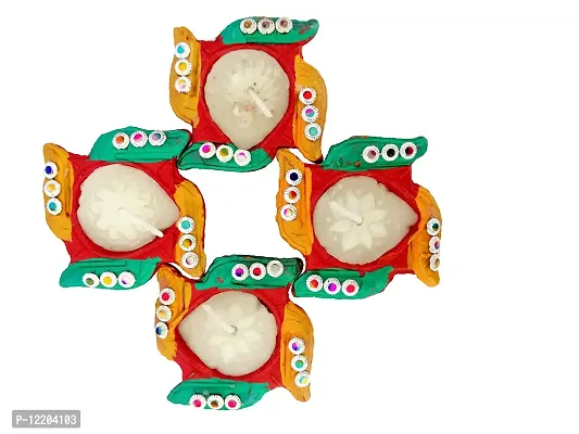 Indian Art & Crafts Traditional Handmade Swastik Waxed Diya for Diwali/Navratri Puja and Home Decoration (Set of 12 Multicolor)-thumb2