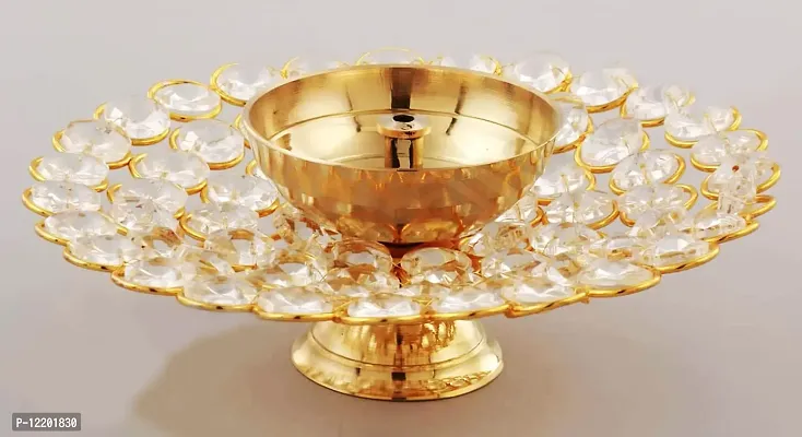 Indian Crafts Brass Puja Diya Crystal Akhand Dia, Brass Pooja/Puja Oil Lamp Crystal Diya for Home Tample/Mandir puja Decoration & Gifts (15 X 6) cm