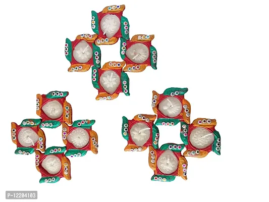 Indian Art & Crafts Traditional Handmade Swastik Waxed Diya for Diwali/Navratri Puja and Home Decoration (Set of 12 Multicolor)-thumb0