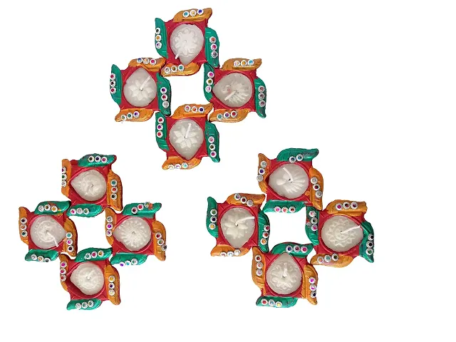 Indian Art  Crafts Traditional Handmade Swastik Waxed Diya for Diwali/Navratri Puja and Home Decoration (Set of 12 Multicolor)