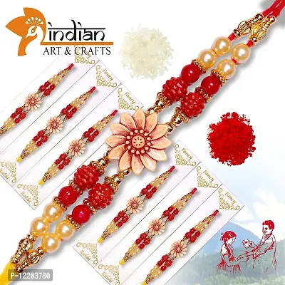 Indian Art and Crafts Handmade 6 Pics combo Dora Rakhi for Brothers with Roli  Chawal | Rakhi for Raksha Bandhan Festival | Bracelets Rakhi , Wooden Beads  Pearl | Best Gift Rakhi for Brothers.-thumb3