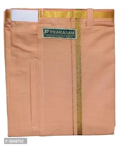 Prakasam Cotton Mens Welcro pocket Light Kaavi dhoti/Jari border welcro pocket dhoti/Readymade dhoti with pocket/pack of one dhoti-thumb3