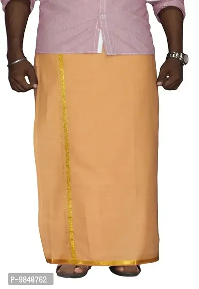 Prakasam Cotton Mens Welcro pocket Light Kaavi dhoti/Jari border welcro pocket dhoti/Readymade dhoti with pocket/pack of one dhoti-thumb2