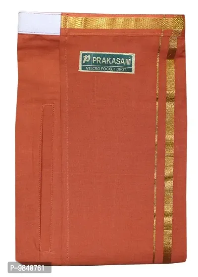 Prakasam Cotton Mens Welcro pocket Dark Kaavi dhoti/Jari border welcro pocket dhoti/Readymade dhoti with pocket/pack of one dhoti-thumb4