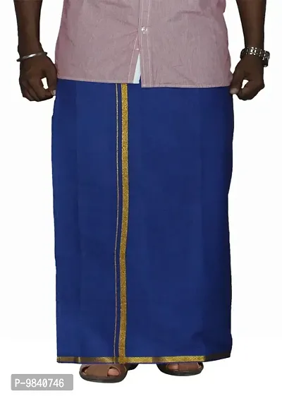 Prakasam Cotton Mens Welcro pocket Blue dhoti/Jari border welcro pocket dhoti/Readymade dhoti with pocket/pack of one dhoti-thumb3