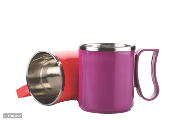 SHREVI IMPEX Style of Plastic Steel Milk-Tea-Coffee Mug ,2 Pieces Stainless Steel Designer Coffee Mug 250 ML (Multi Color, Made in India-thumb0