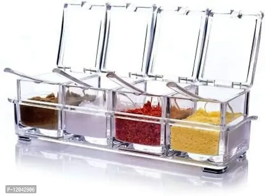 Crystal Acrylic Seasoning, Spice Storage Jar Box Set with Cover and Serving Spoons (Transparent)-thumb0