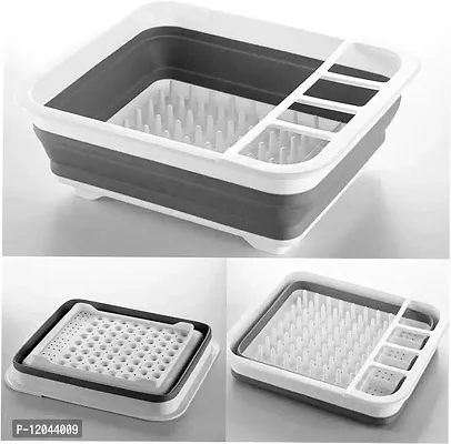 SHREVI Collapsible Dish Drying Drainer Rack Silicone Folding Dish Rack with Spoon Fork Knife Storage Holder Utensil Dinnerware Travel Organizer Strainer Basket-thumb0