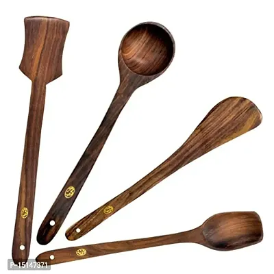 Bell Pepper? Handmade Pure Sheesham Wood Cooking  Serving Spoons Kitchen Tools for Non Stick Utensils - 1 Frying, 1 Palta, 1 DOI, 1 Spatula (Brown,Set of 4)