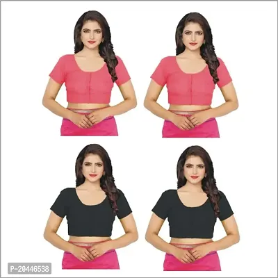 Plain Saree Wear Cotton Blouse, Regular Wear Blouse Color-BRINK-PINK,Black, Pack of 4,Size-L-thumb0