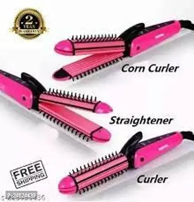 Professional 3 in 1 Electric Hair Straightener Curler Styler and Crimper (White  Pink black Colour)