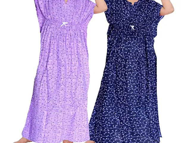 DIAAFASHION Womens Pure Cotton Printed Maternity Comfortable Maxi Nightdresses (Pack of 2) Blue