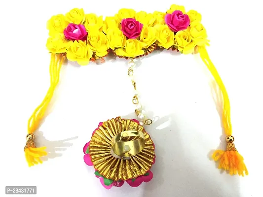 Naazz Flower Jewellery Set for Haldi Baby Shower Mehendi Godbharai Yellow and Pink Paper Set for Women and Girls-thumb4