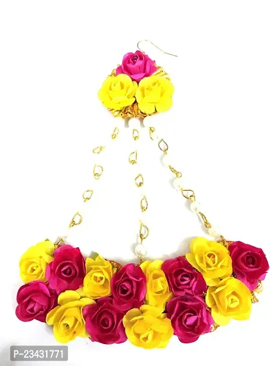 Naazz Flower Jewellery Set for Haldi Baby Shower Mehendi Godbharai Yellow and Pink Paper Set for Women and Girls-thumb3