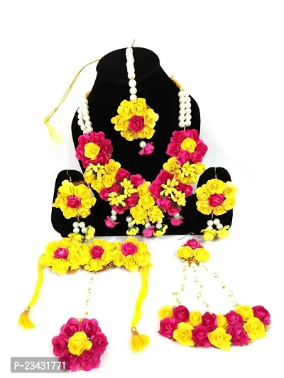 Naazz Flower Jewellery Set for Haldi Baby Shower Mehendi Godbharai Yellow and Pink Paper Set for Women and Girls-thumb0