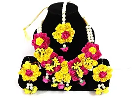 Naazz Flower Jewellery Set for Haldi Baby Shower Mehendi Godbharai Yellow and Pink Paper Set for Women and Girls-thumb1