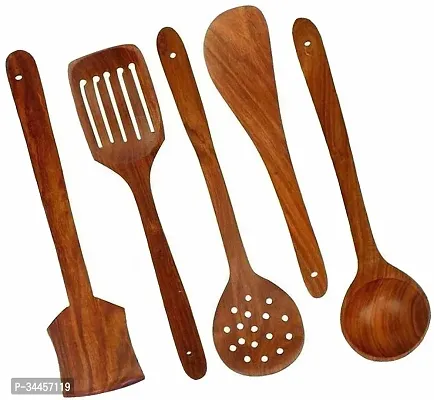 Wooden Serving and Cooking Spoons Wood Brown Spoons Kitchen Utensil (Set of-5)-thumb0