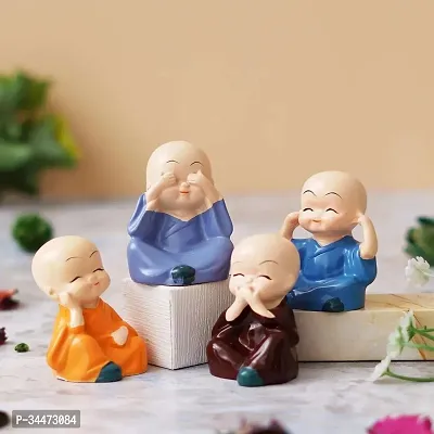 New Set Of 4 Cute Little Monk Buddha Statues Decorative Showpieces 6 cm Polyresin, Multicolor-thumb0