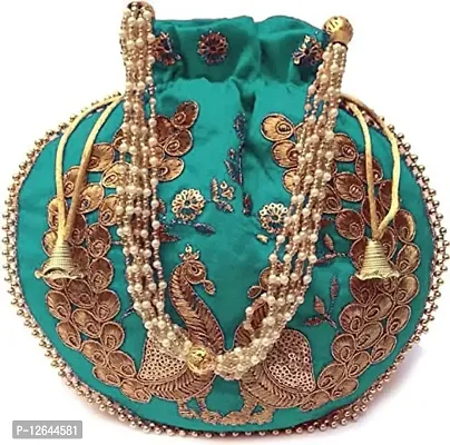 Zoya Gems & Jewellery Gota Patti Potli Bag Green Gold Color Ethnic Designer Silk Peacock Embroidered Pearl Handle Purse. Bridal, Women’s Handbag