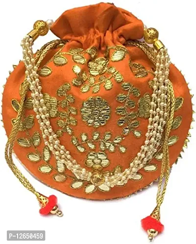 Zoya Gems & Jewellery Women?s Handbag, Wedding Potli Bag, Evening Bags, Designer Silk Potli Bag, Orange Potli Bag Purse, Indian Ethnic Potli Bag, Gota Patti Handbag