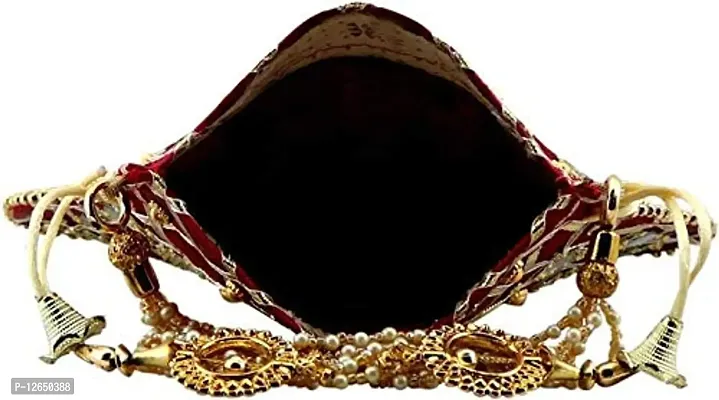 Zoya Gems & Jewellery Maroon Potli Wristlets Ethnic Potli For Women's | Designer Rajasthani Style Royal Clutch Silk Batwa | Zari Work Potli | Bridal Potli | Potli Bags-thumb4