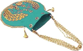 Zoya Gems & Jewellery Gota Patti Potli Bag Green Gold Color Ethnic Designer Silk Peacock Embroidered Pearl Handle Purse. Bridal, Women’s Handbag-thumb1