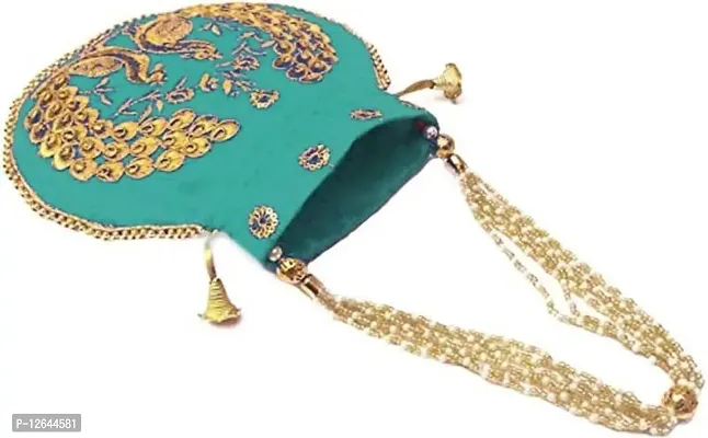 Zoya Gems & Jewellery Gota Patti Potli Bag Green Gold Color Ethnic Designer Silk Peacock Embroidered Pearl Handle Purse. Bridal, Women’s Handbag-thumb2