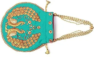 Zoya Gems & Jewellery Gota Patti Potli Bag Green Gold Color Ethnic Designer Silk Peacock Embroidered Pearl Handle Purse. Bridal, Women’s Handbag-thumb2