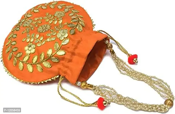 Zoya Gems & Jewellery Women?s Handbag, Wedding Potli Bag, Evening Bags, Designer Silk Potli Bag, Orange Potli Bag Purse, Indian Ethnic Potli Bag, Gota Patti Handbag-thumb2