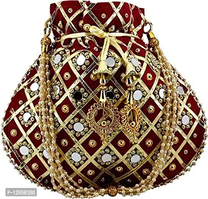 Zoya Gems & Jewellery Maroon Potli Wristlets Ethnic Potli For Women's | Designer Rajasthani Style Royal Clutch Silk Batwa | Zari Work Potli | Bridal Potli | Potli Bags-thumb0