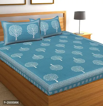 Fancy Cotton Blend Turquoise Printed Double Bedsheet With Pillow Covers