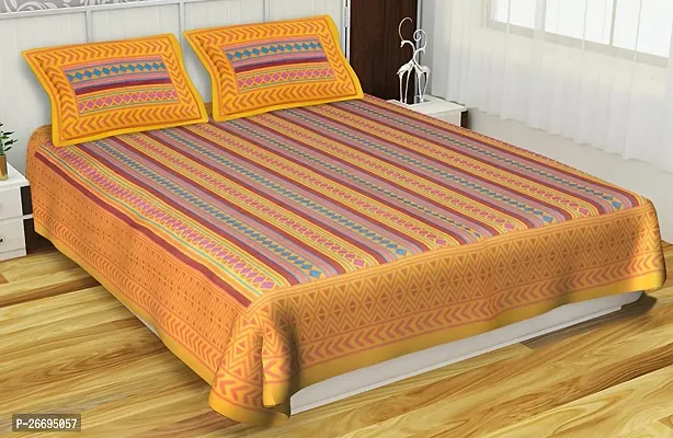 Fancy Cotton Blend Yellow Printed Double Bedsheet With Pillow Covers