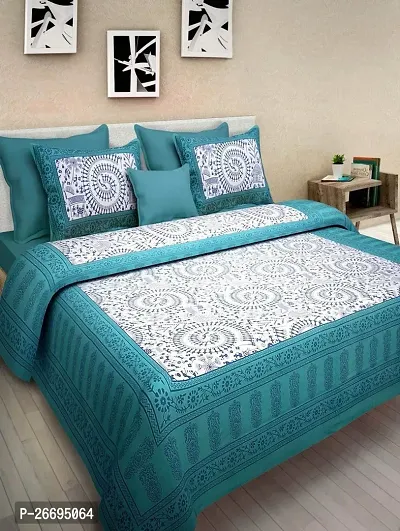 Fancy Cotton Blend Turquoise Printed Double Bedsheet With Pillow Covers