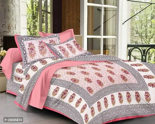 Fancy Cotton Blend Pink Printed Double Bedsheet With Pillow Covers-thumb0