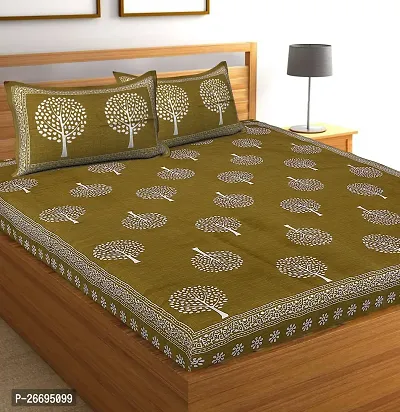 Fancy Cotton Blend Olive Printed Double Bedsheet With Pillow Covers