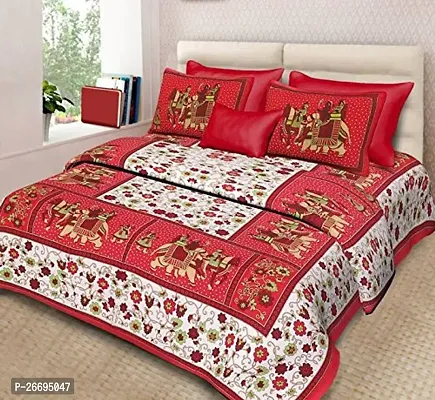 Fancy Cotton Blend Red Printed Double Bedsheet With Pillow Covers-thumb0