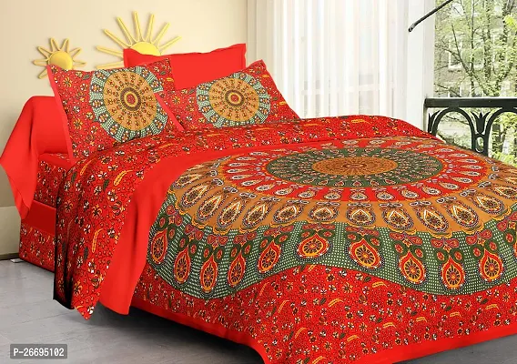 Fancy Cotton Blend Red Printed Double Bedsheet With Pillow Covers